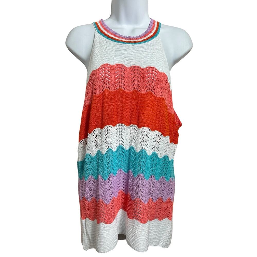 Sleeveless High Neck Sweater Top Sz XL Open Knit Colorful Crochet Blouse - Picture 2 of 7